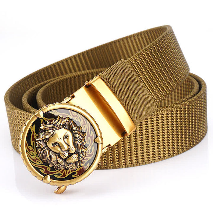 Men's Practical Lion Head Pattern Nylon Belt - Khaki / Gold - 48" - image 0