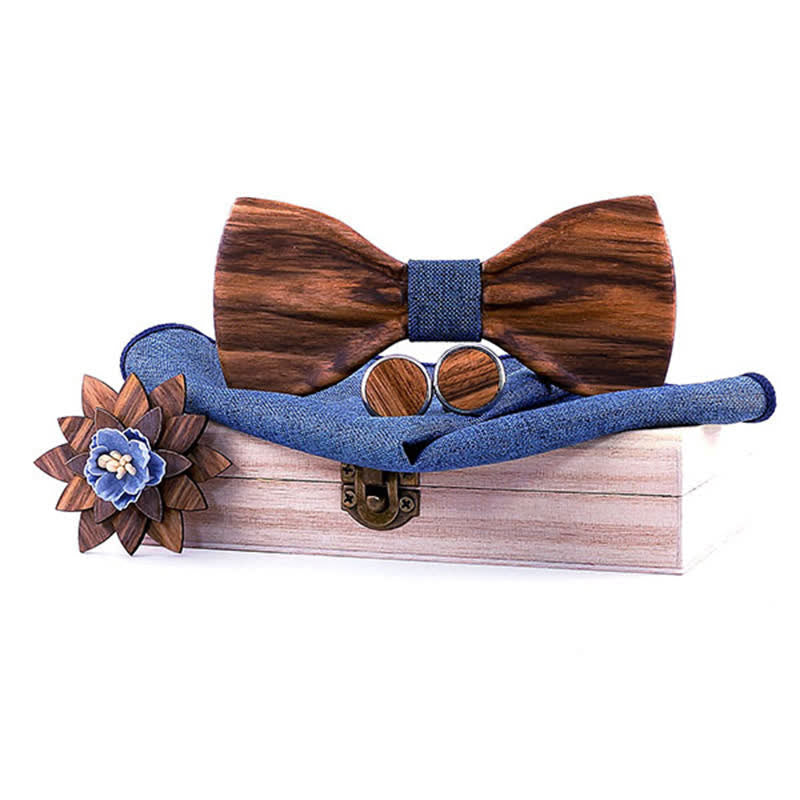 4Pcs Men's Formal Concave Wooden Bow Tie Set - Blue - image 10