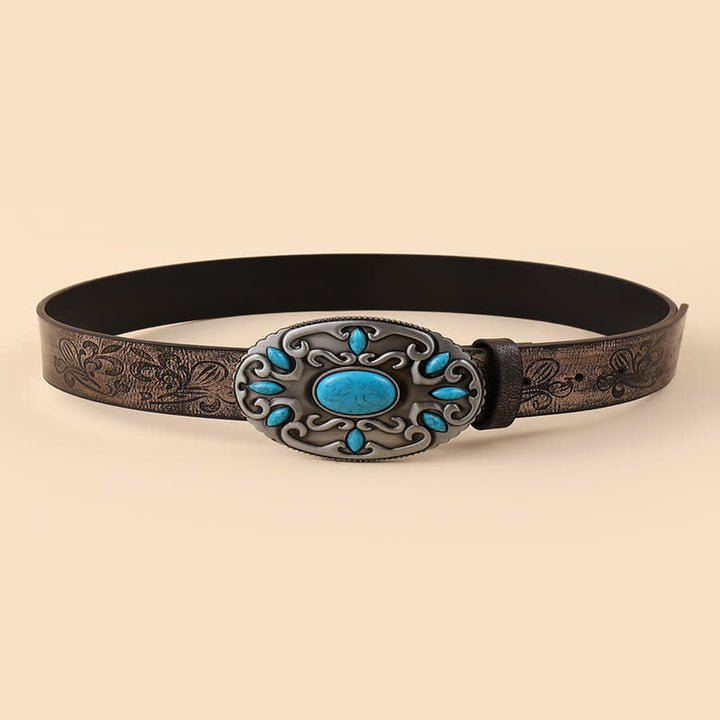 Women's Turquoise Decor Oval Buckle Leather Belt - image 1