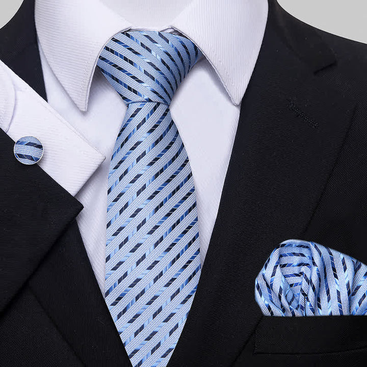 3Pcs Men's Striped with Geometry Necktie Set - SkyBlue - image 0