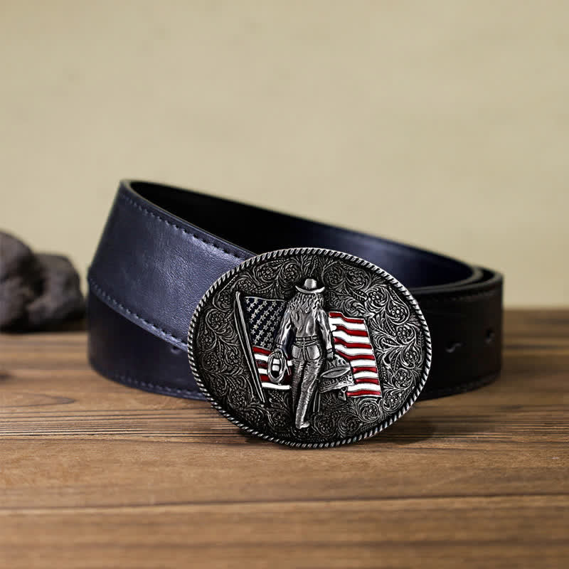Men's DIY Cowboy American Flag Buckle Leather Belt - Antique Silver - Black PU Belt (40) - image 8