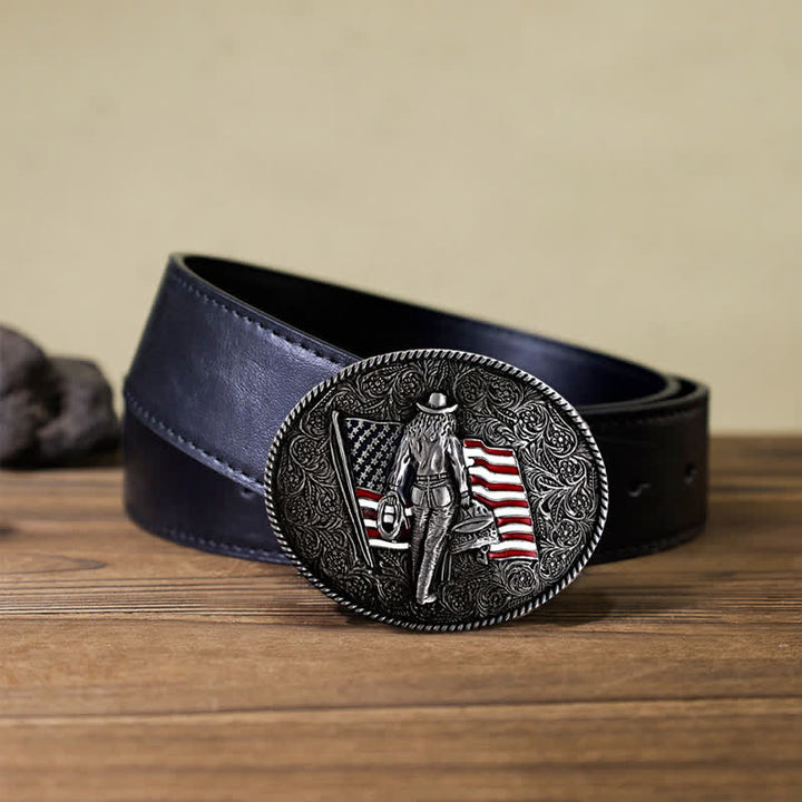 Men's DIY Cowboy American Flag Buckle Leather Belt - Antique Silver - Black PU Belt (40) - image 8