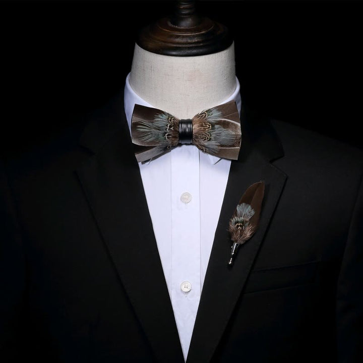 Brown Rustic Feather Bow Tie with Lapel Pin - image 2