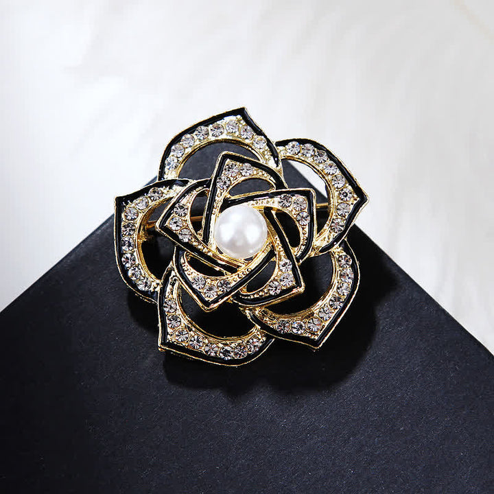 Women's Decorative Hollow Camellia Brooch - Gold & Black - image 1