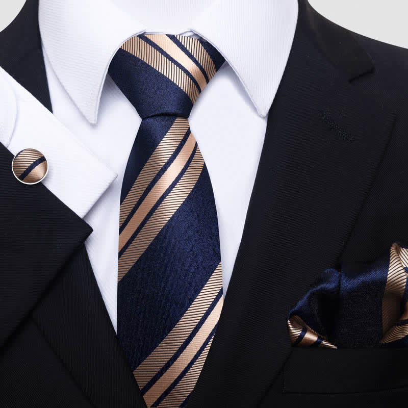 3Pcs Men's Navy & Wheat Striped Necktie Set - Navy & Wheat - image 0