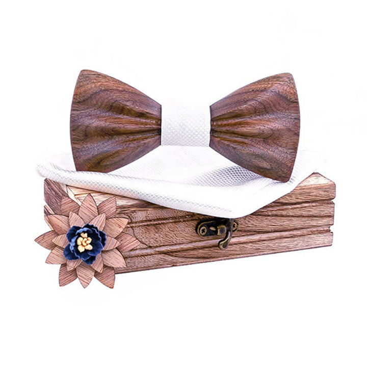 3Pcs Men's Hand Carved Crease Wooden Bow Tie Set - Walnut - White - image 9
