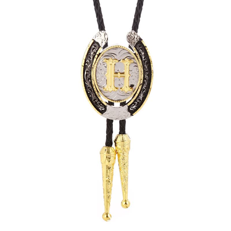 Modern Western Horseshoe Initial Letter A To Z Bolo Tie - Gold - H - image 12