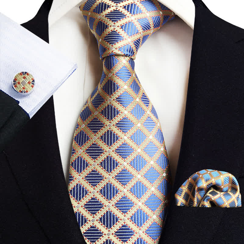 3Pcs Men's Luminous Blue Checked Necktie Set - Blue - image 0