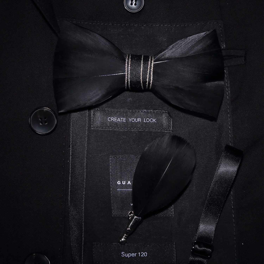 Kid's Black Noble Feather Bow Tie with Lapel Pin - Adult - image 1