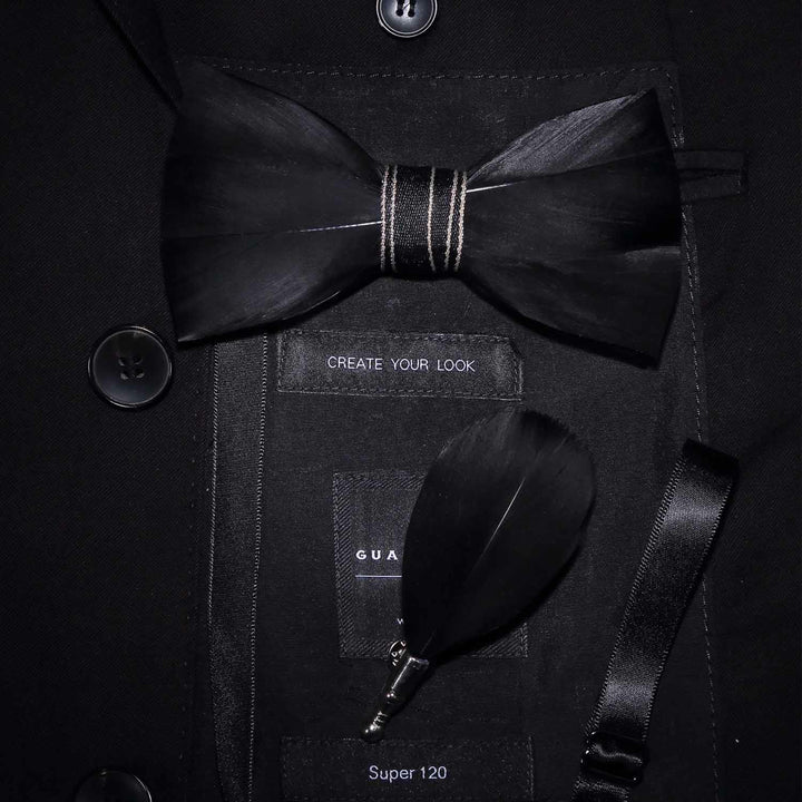Kid's Black Noble Feather Bow Tie with Lapel Pin - Adult - image 2