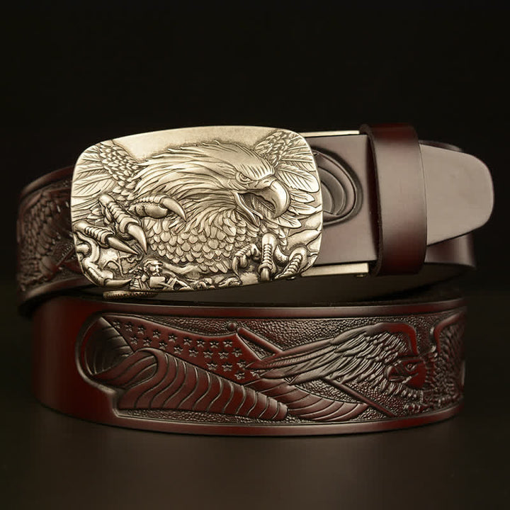 Men's Vintage Eagle Wings Automatic Buckle Leather Belt - Coffee / Silver - 46 - image 20