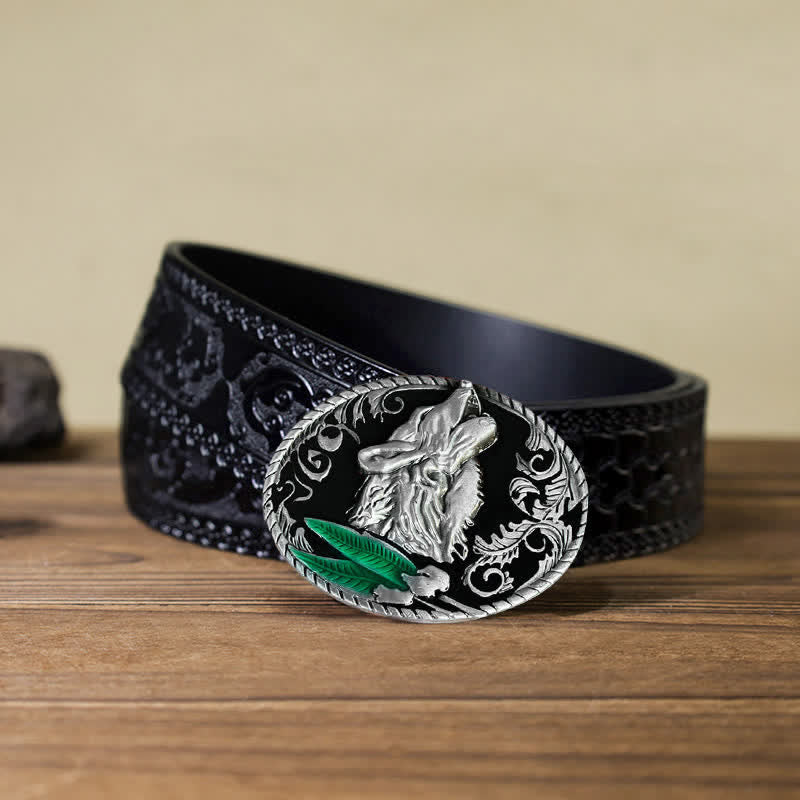 Men's DIY Howling Wolf Head Buckle Leather Belt - Antique Silver - Black Carved Belt (40) - image 11