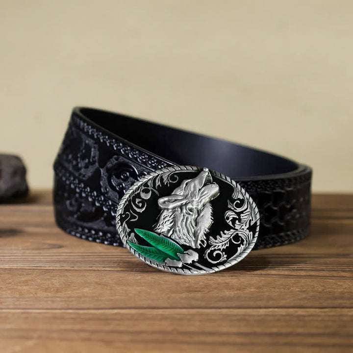 Men's DIY Howling Wolf Head Buckle Leather Belt - Antique Silver - Black Carved Belt (40) - image 11