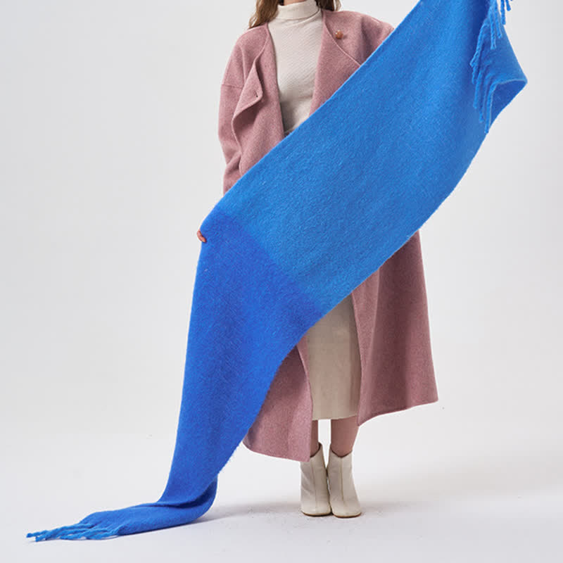 Women's Winter Simple Two-Tone Fringe Scarf - Blue - image 10