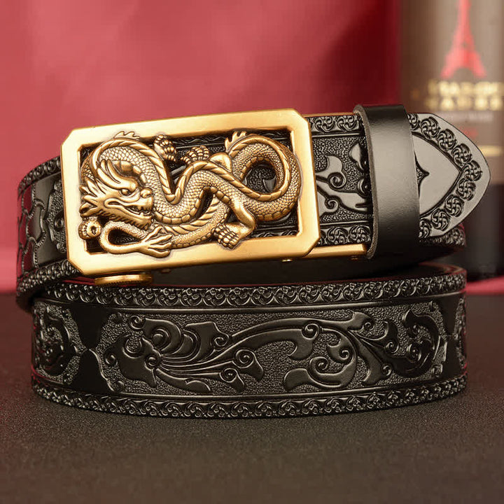 Men's Coiling Dragon Embossing Leather Belt - Gold & Black - 46 - image 10