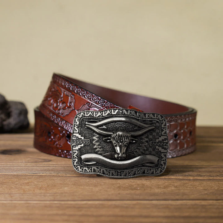 Men's DIY Silver Square Longhorn Bull Buckle Leather Belt - Bull Head - Brown Carved Belt (40) - image 12