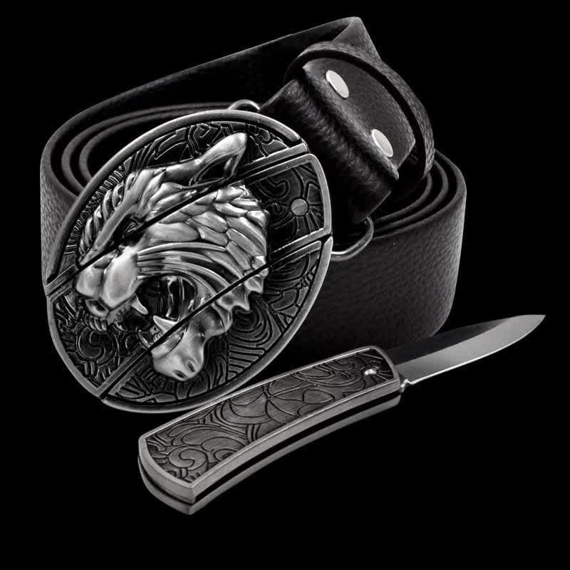 Men's Roaring Tiger Leather Belt With Folding Knife - Tiger - 46 - image 0