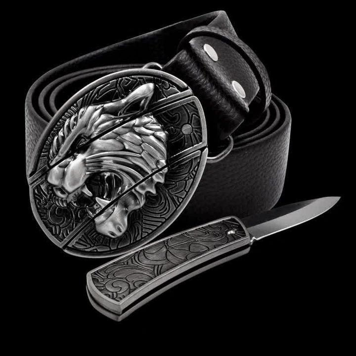 Men's Roaring Tiger Leather Belt With Folding Knife - Tiger - 46 - image 0