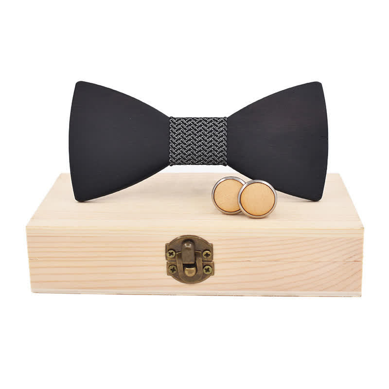 2Pcs Men's Black Wooden Bow Tie Cufflinks Set - Black Weave - image 14