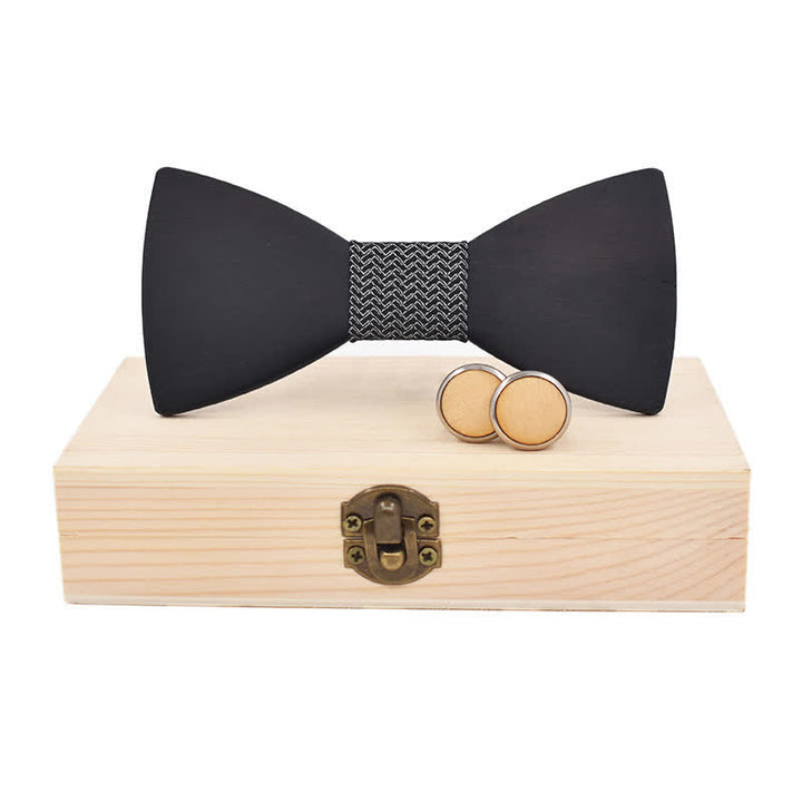 2Pcs Men's Black Wooden Bow Tie Cufflinks Set - Black Weave - image 14