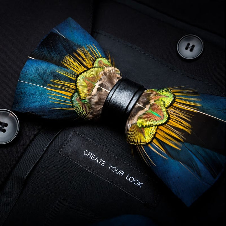 Blue & Yellow Peacock Feather Bow Tie with Lapel Pin - image 1