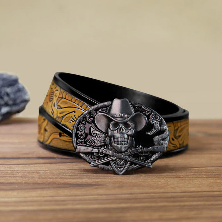Men's DIY Skull With Cross Guns Buckle Leather Belt - Skull - SandyBrown Belt (40) - image 12