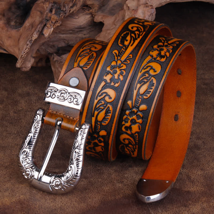 Unisex Vintage Small Rose Embossing Leather Belt - Yellowish-Brown - 44 - image 9