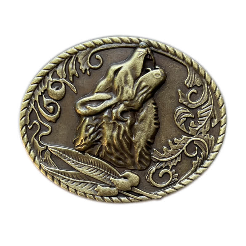 Men's DIY Howling Wolf Head Buckle Leather Belt - Antique Gold - Without Belt - image 3