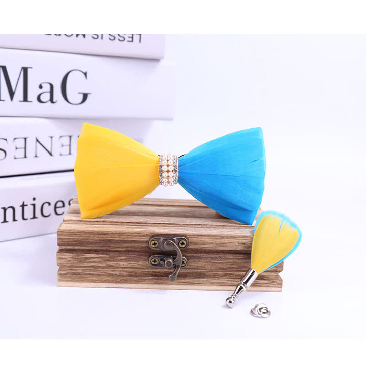 Yellow & Blue Shiny Pearl Feather Bow Tie with Lapel Pin - image 1