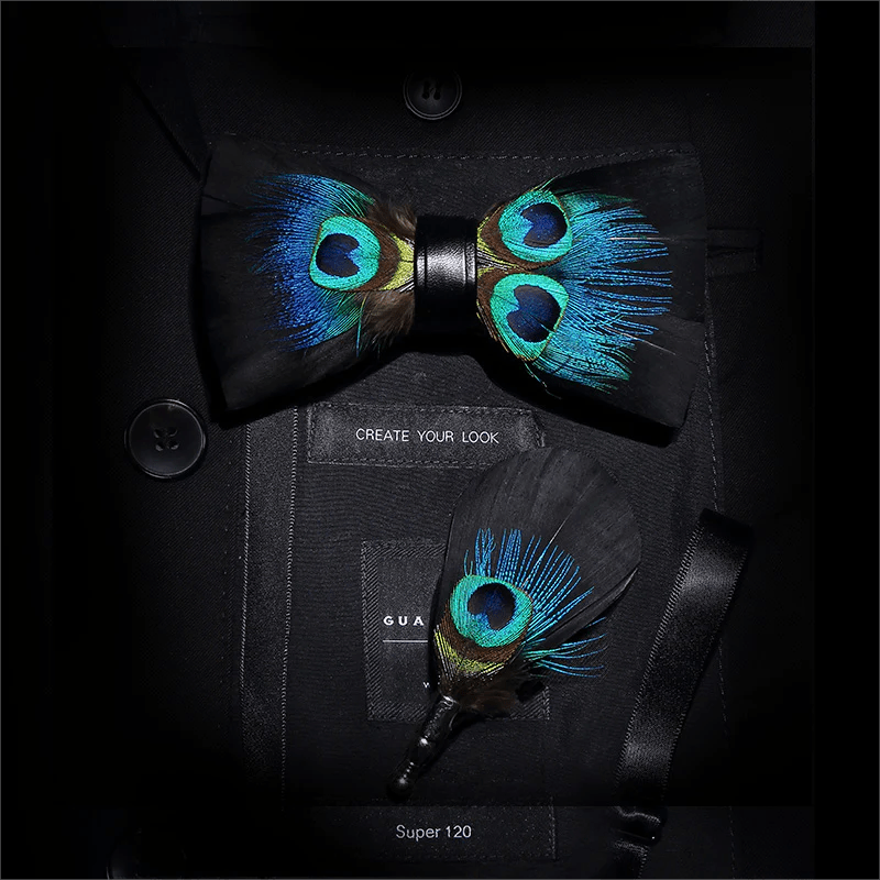 Black & Blue Peacock Eye Feather Bow Tie with Lapel Pin - Adult - image 0