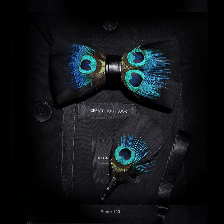 Black & Blue Peacock Eye Feather Bow Tie with Lapel Pin - Adult - image 0