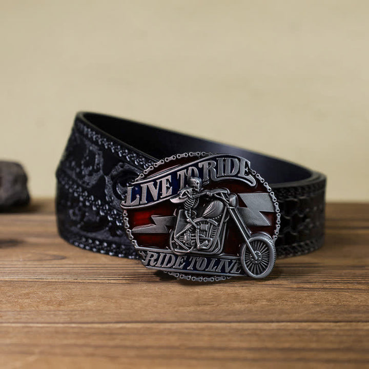 Men's DIY Skull Biker Live to Ride Buckle Leather Belt - Skull Biker - Black Carved Belt (40) - image 8