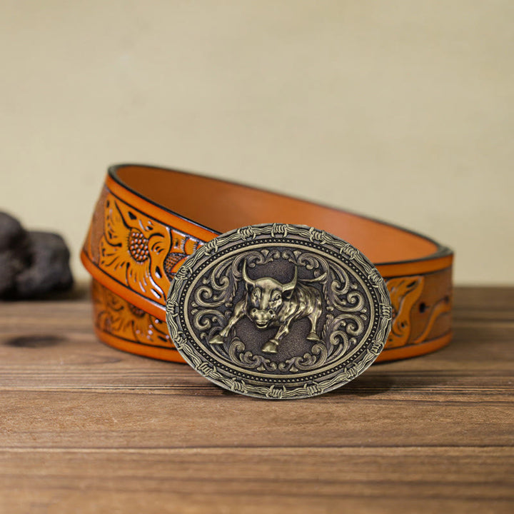 Men's DIY Cowboy Bullfighter Buckle Leather Belt - Horse - Orange Carved Belt (40) - image 15