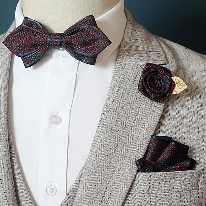 3Pcs Men's Micro Check Wedding Groom Bow Tie Set - Pointy - Burgundy - image 5