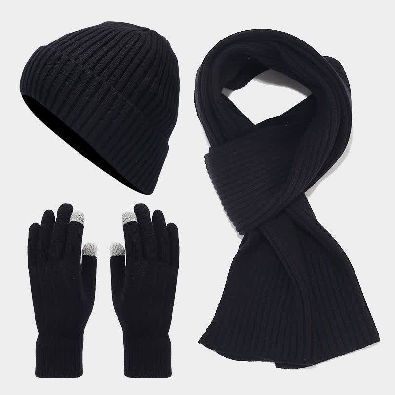 3Pcs Unisex Classic Versatile Hat Scarf Gloves Set - Black - Adjustable (Approx. 21 5/8"-23 5/8") - image 12