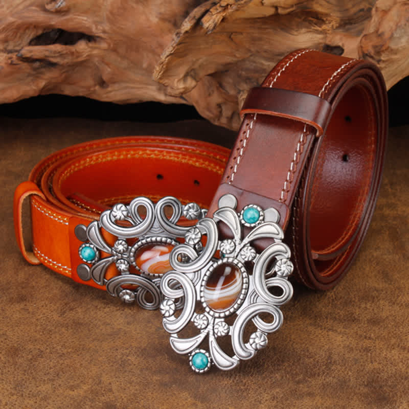 Unisex Agate Stone Turquoise Hollow Flower Leather Belt - image 1