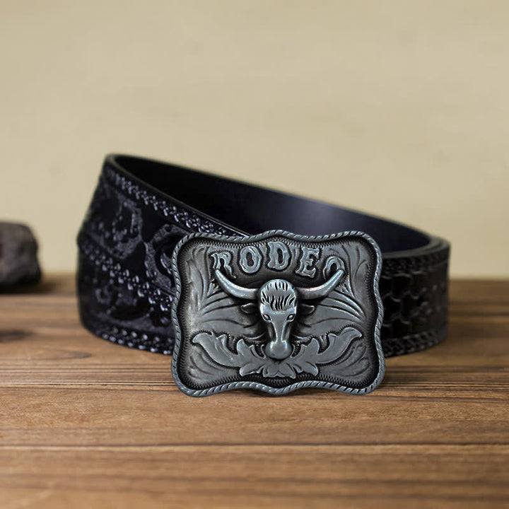 Men's DIY Silver Longhorn Bull Rodeo Buckle Leather Belt - Longhorn Bull - Black Carved Belt (40) - image 9