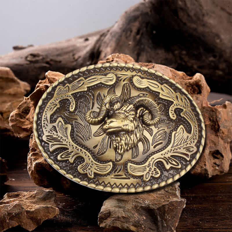 Men's DIY Bronze Wild Goat Head Buckle Leather Belt - Wild Goat - Without Belt - image 0
