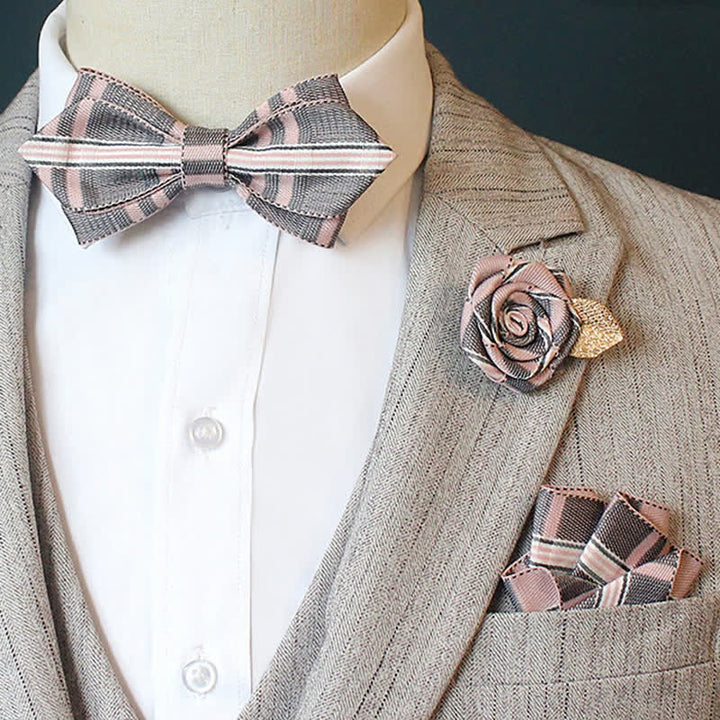 3Pcs Men's Horizon Striped Plaid Bow Tie Set - Pointy - Pink - image 5