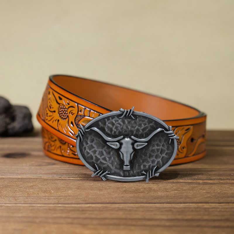 Men's DIY Cowboy Bull Head Hammered Buckle Leather Belt - Antique Silver - Orange Carved Belt (40) - image 24