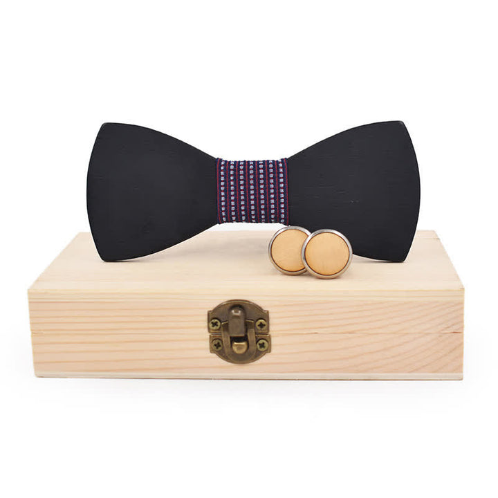 2Pcs Men's Black Wooden Bow Tie Cufflinks Set - Burgundy Dotty - image 12