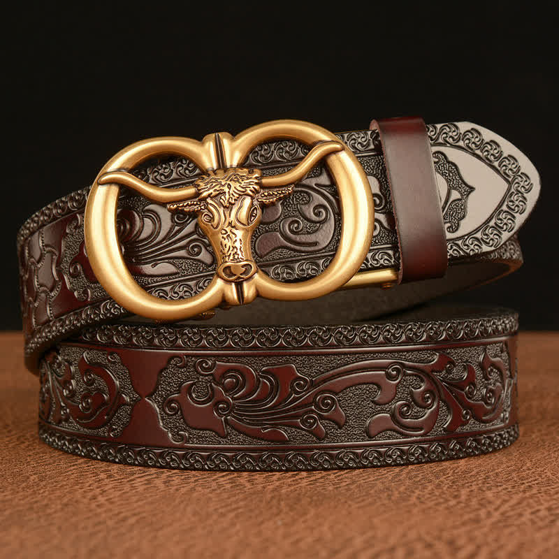 Men's Bull Head Buckle Leather Belt - Gold & Brown - 46 - image 0