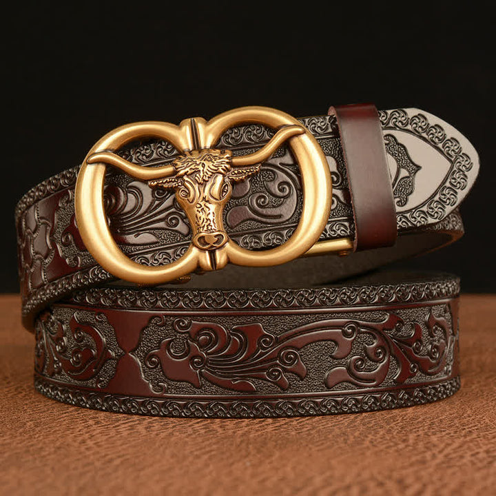 Men's Bull Head Buckle Leather Belt - Gold & Brown - 46 - image 0
