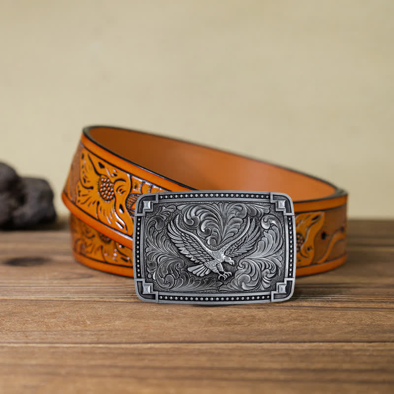 Men's DIY Soaring Eagle In Dreamy Sky Buckle Leather Belt - Antique Silver - Orange Carved Belt (40) - image 24