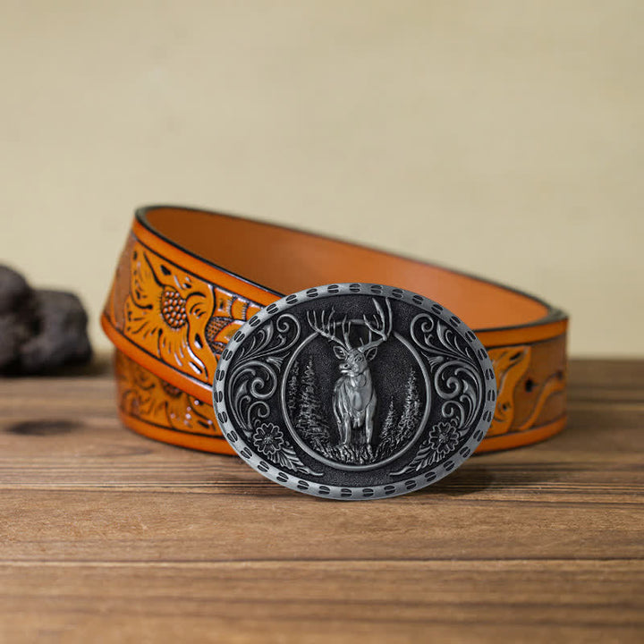 Men's DIY Deer Hunter American Flag Buckle Leather Belt - Silver Deer - Orange Carved Belt (40) - image 43
