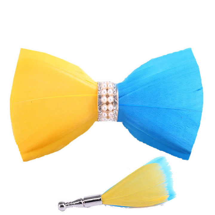 Yellow & Blue Shiny Pearl Feather Bow Tie with Lapel Pin - image 3