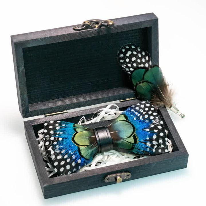 Green & Blue Polka Dots Feather Bow Tie with Lapel Pin - image 5