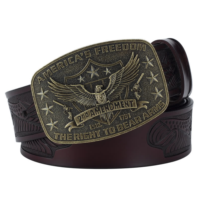 Men's Retro Eagle America's Freedom Leather Belt - Coffee / Bronze - 46 - image 12