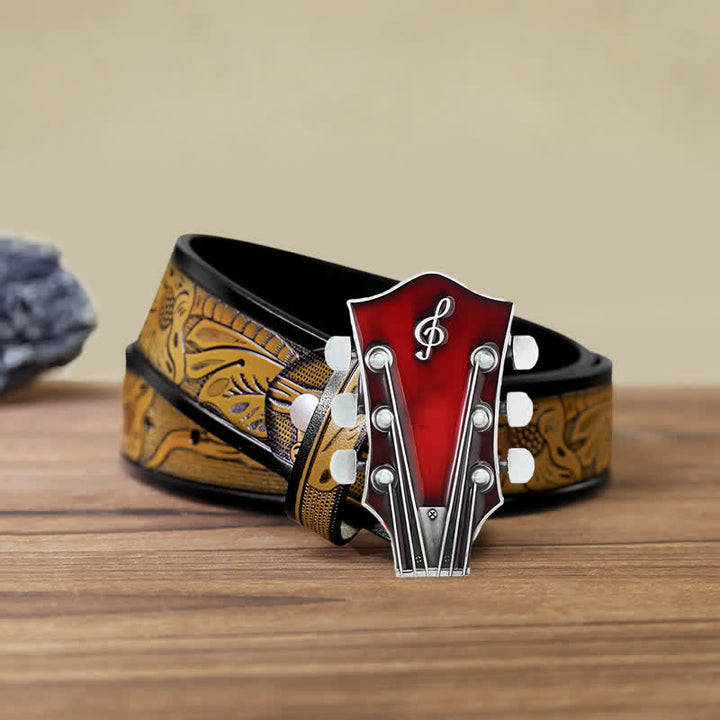 Men's DIY Musical Guitar Headstock Buckle Leather Belt - Red - SandyBrown Belt (40) - image 28