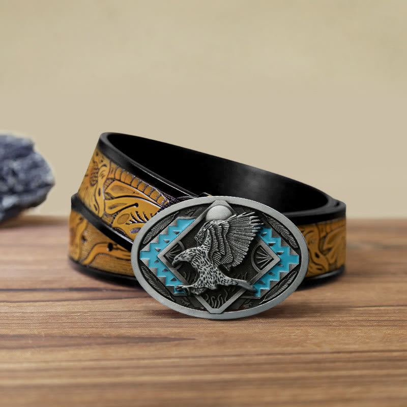 Men's DIY Enamel Landing Eagle Buckle Leather Belt - Eagle - SandyBrown Belt (40) - image 11